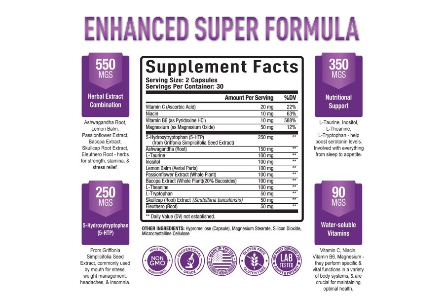 Suplemento Premium 5-HTP Plus 250 mg de fuerza máxima - Ayuda para dormir, mejora el estado de ánimo, promueve la calma y la relajación, apoya el manejo del estrés - Mejorado con vitamina B6, sin gluten, sin OGM, 60 cápsulas vegetales - Image 2