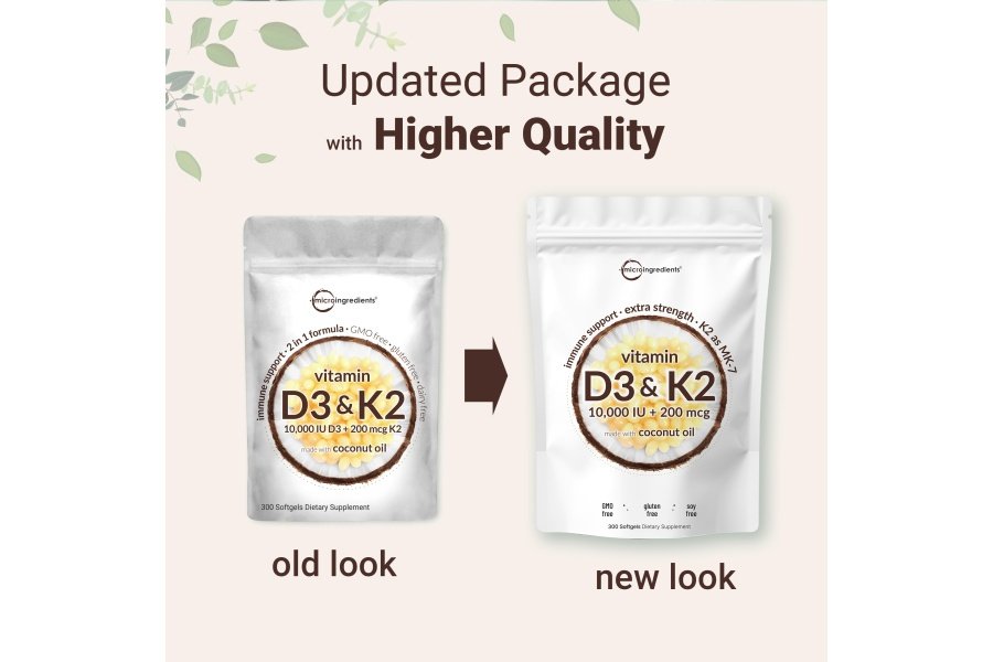 Vitamina D3 10000 iu Plus K2 (MK-7) 200 mcg, 300 cápsulas blandas de aceite de coco virgen | Complejo de vitaminas D y K 2 en 1 | Apoya la absorción de calcio y la salud ósea, inmune y cardíaca: fácil de tragar - Image 3