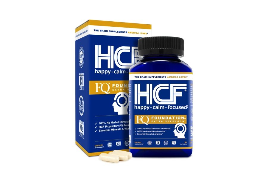 HCF Happy, Calm & Focused - Suplemento de enfoque nootrópico natural - Aumenta la concentración, mejora el enfoque, ayuda a la calma natural y alivia el estrés - 90 cápsulas para hombres y mujeres - Suplemento cerebral sin cafeína