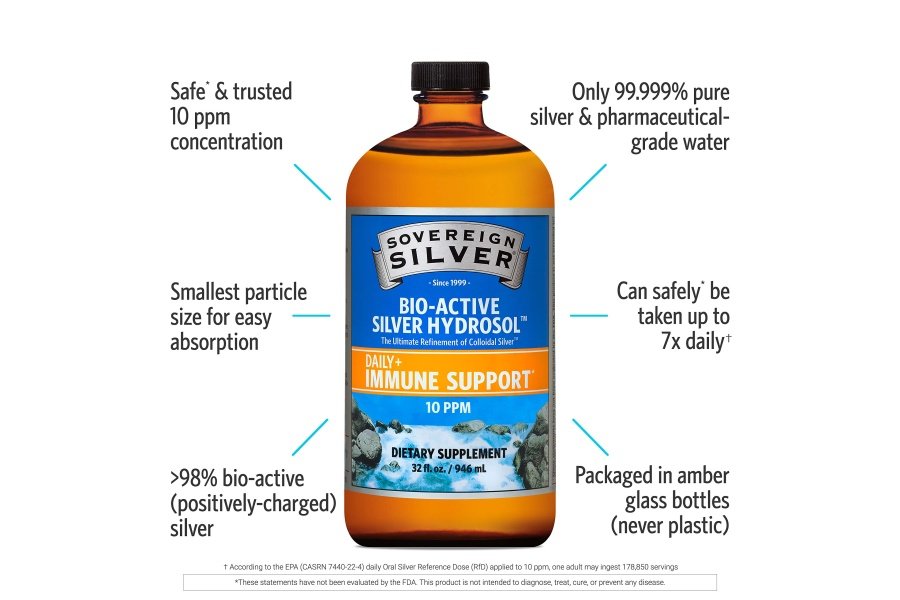 Hidrosol de plata bioactivo Sovereign Silver para apoyo inmunológico - Plata coloidal - 10 ppm, 32 oz (946 ml) - Tamaño familiar - Image 3