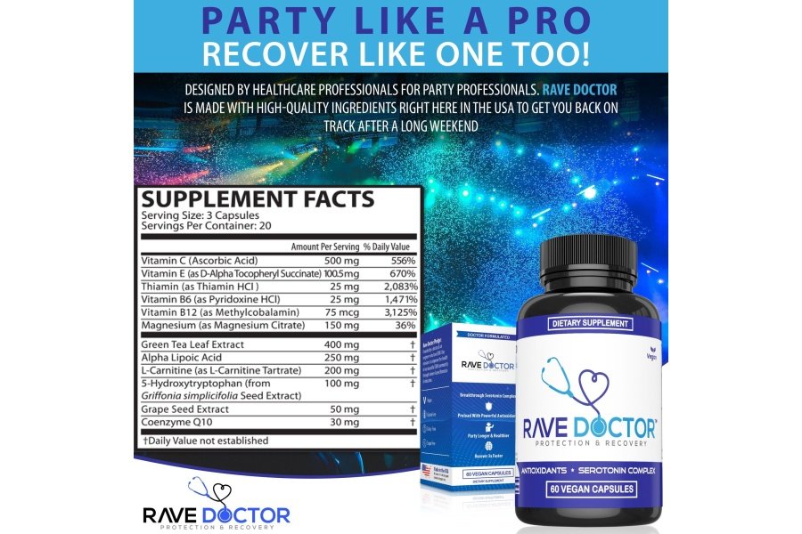 Suplemento Rave Doctor 5 HTP - Vitaminas Rave esenciales para asistentes al festival, accesorios Rave, elementos esenciales para festivales, equipo para festivales, elementos esenciales para Rave, suplemento de 5 htp - Image 5