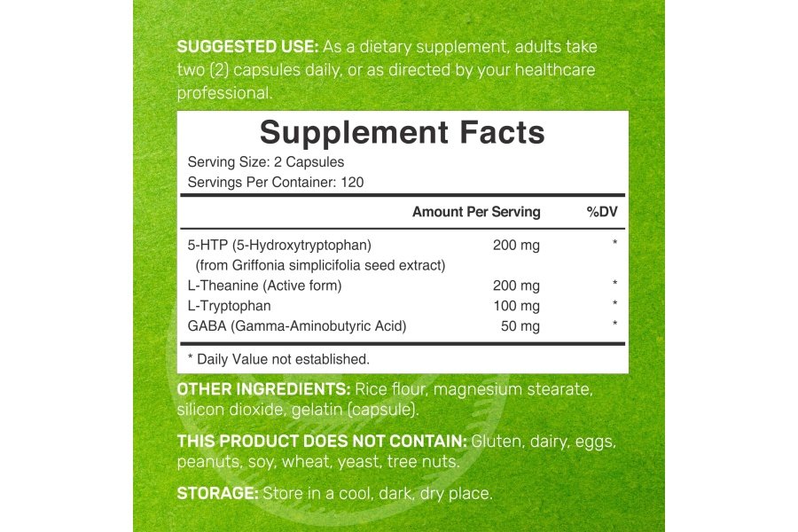 5-HTP 200 mg por porción, 240* cápsulas, 98 % extracto de semilla de Griffonia de origen africano | Fórmula 4 en 1 | Además de L teanina activa, L triptófano y GABA | Suplemento de apoyo a la relajación - Image 2