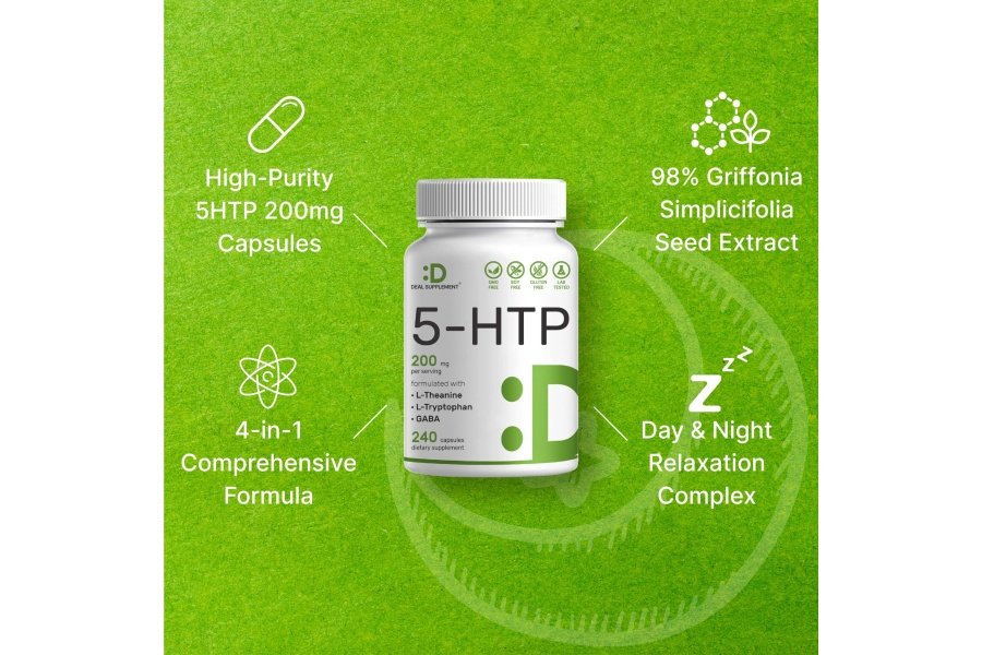 5-HTP 200 mg por porción, 240* cápsulas, 98 % extracto de semilla de Griffonia de origen africano | Fórmula 4 en 1 | Además de L teanina activa, L triptófano y GABA | Suplemento de apoyo a la relajación - Image 3