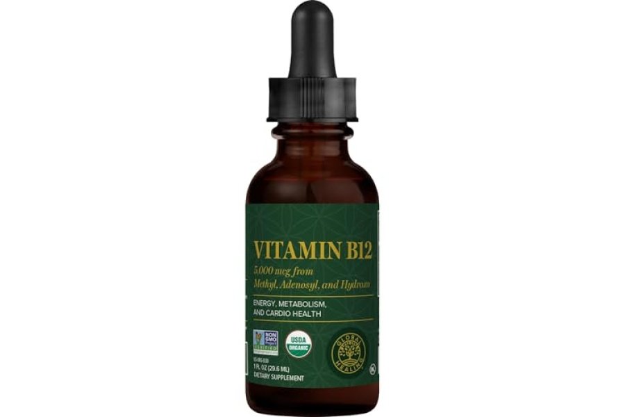 Global Healing Vitamina B12 Sublingual 5000 mcg Suplemento líquido orgánico, metilcobalamina, adenosilcobalamina, hidroxo energía de larga duración y metabolismo saludable - Vitaminas veganas B12 (1 oz)