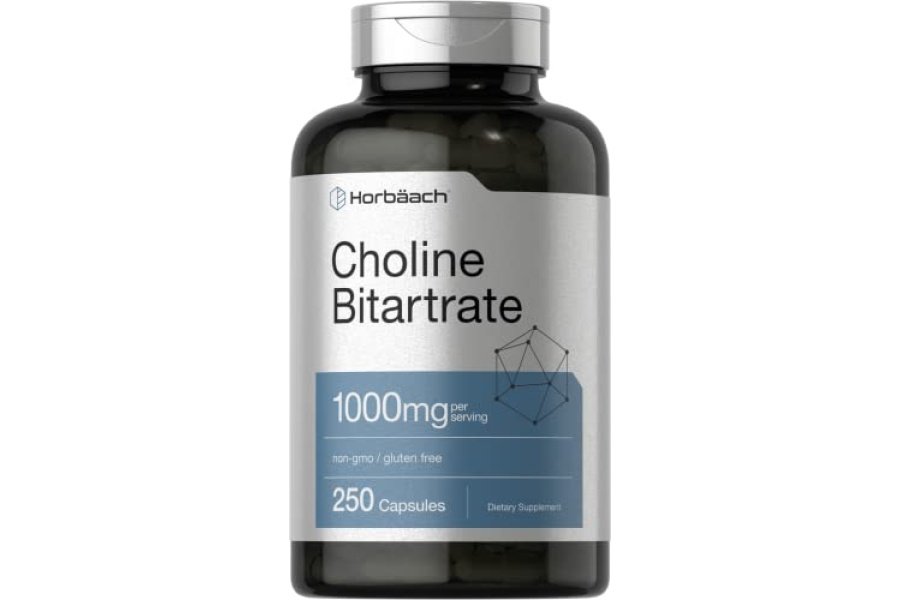 Suplemento de bitartrato de colina Horbaach | 1000 mg | 250 Cápsulas | Alta potencia | Sin OGM, sin gluten