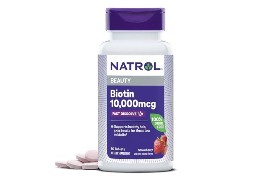 Natrol Beauty Biotina 10000 mcg, suplemento dietético para cabello, piel, uñas y metabolismo energético saludables, 60 tabletas de disolución rápida con sabor a fresa, suministro para 60 días