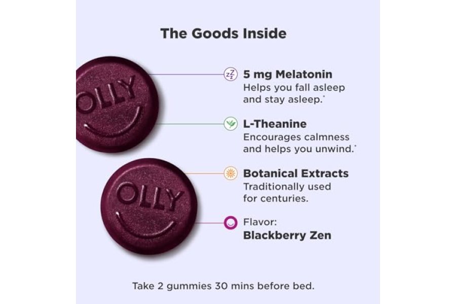 OLLY Gomitas para dormir extra fuertes, apoyo ocasional para dormir, 5 mg de melatonina, L-teanina, manzanilla, bálsamo de limón, ayuda para dormir, mora - 50 unidades - Image 3