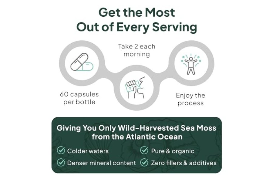 Organics Ocean Wild Sea Moss Cápsulas - Musgo marino irlandés 100% orgánico con clorella orgánica, fucus y vitamina D para energía, salud pulmonar y apoyo tiroideo para mujeres y hombres - 60 cápsulas - Image 7