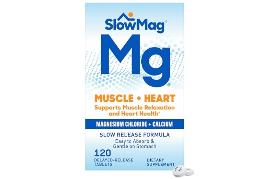 SlowMag Muscle + Cloruro de magnesio para el corazón con suplemento de calcio para apoyar la relajación muscular, calambres musculares ocasionales y salud del corazón, alta absorción, 120 unidades