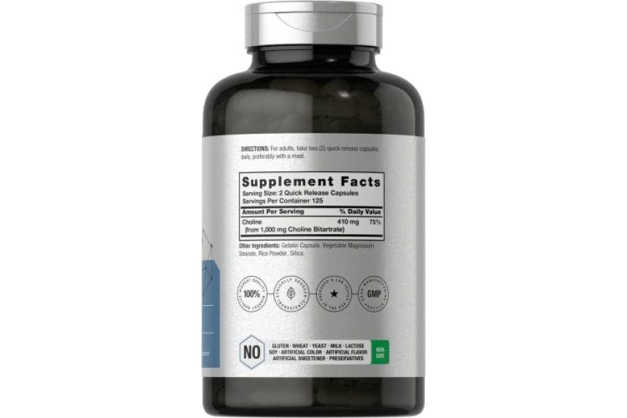 Suplemento de bitartrato de colina Horbaach | 1000 mg | 250 Cápsulas | Alta potencia | Sin OGM, sin gluten - Image 2