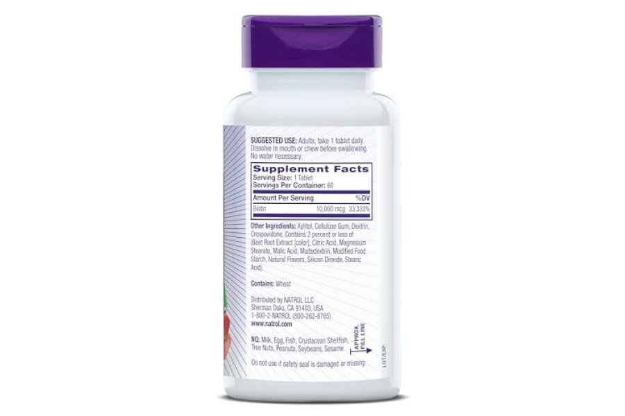 Natrol Beauty Biotina 10000 mcg, suplemento dietético para cabello, piel, uñas y metabolismo energético saludables, 60 tabletas de disolución rápida con sabor a fresa, suministro para 60 días - Image 8