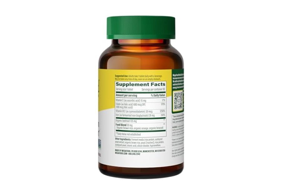 MegaFood Blood Builder - Suplemento de hierro clínicamente demostrado que aumenta los niveles de hierro sin efectos secundarios - Suplemento de hierro para mujeres con vitamina C, vitamina B12 y ácido fólico - Vegano - 90 tabletas - Image 3