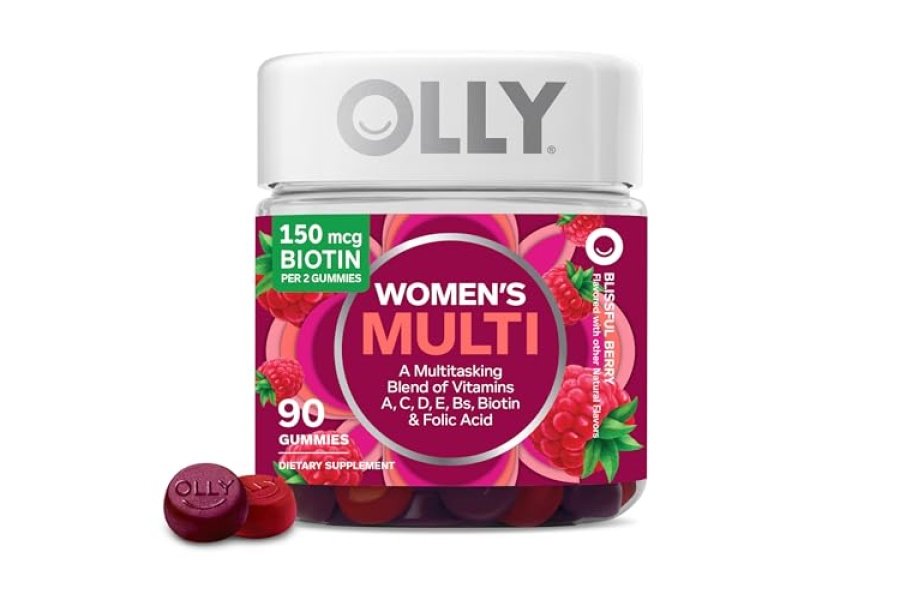 OLLY Gomita multivitamínica para mujeres, vitaminas A, D, C, E, biotina, ácido fólico, vitamina masticable para adultos, sabor a bayas, suministro para 45 días, 90 unidades (el embalaje puede variar)