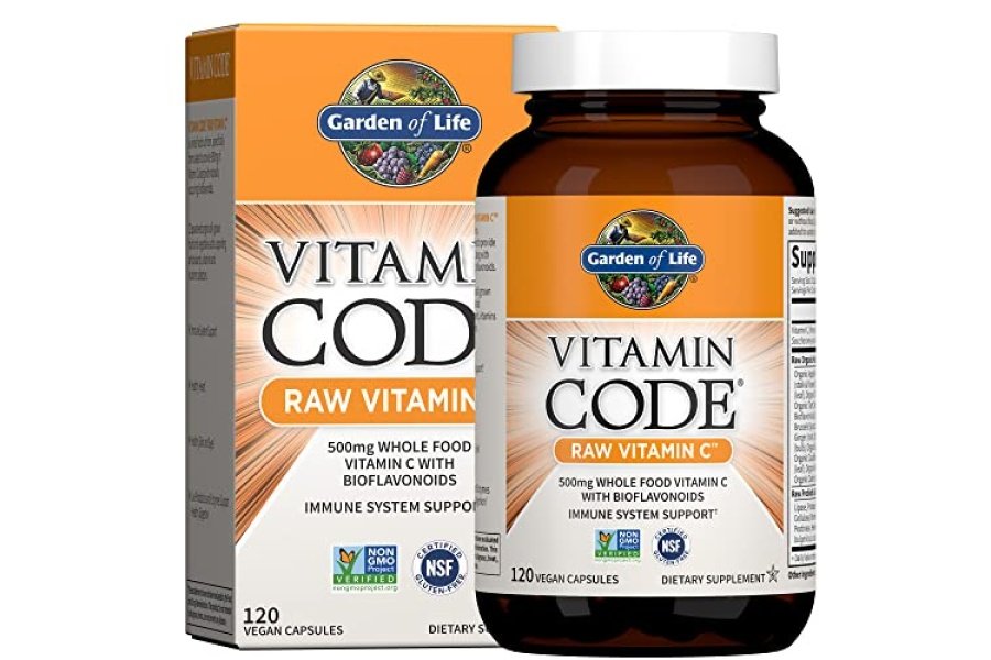 Garden of Life Código de vitamina cruda Vitamina C, 120 cápsulas veganas, 500 mg de suplementos de vitamina C de alimentos integrales con bioflavonoides, frutas y verduras, probióticos, sin gluten para adultos