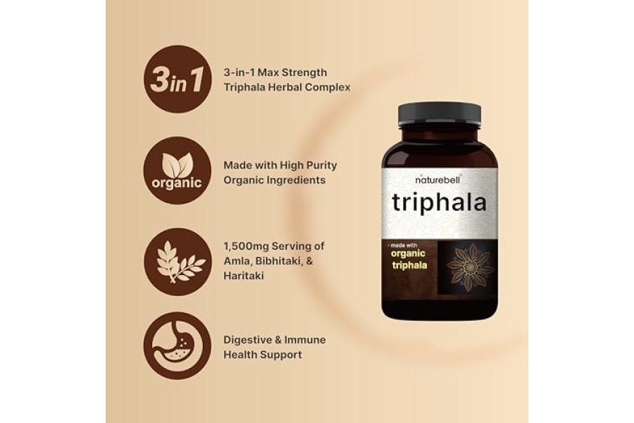 Suplemento de cápsulas NatureBell Triphala, 1500 mg por porción | Hecho con polvo de fruta orgánico Amla, Bibhitaki y Haritaki – Apoya la salud digestiva – Doble fuerza, sin OGM - Image 3