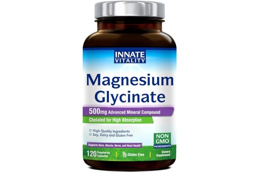 Vitalidad Innata Glicinato de Magnesio 500 mg | Suplemento de magnesio elemental de 70 mg - Alta absorción, sin OGM y sin gluten - Apoya la salud de los nervios, músculos, huesos y corazón - 120 cápsulas veganas Magnesio