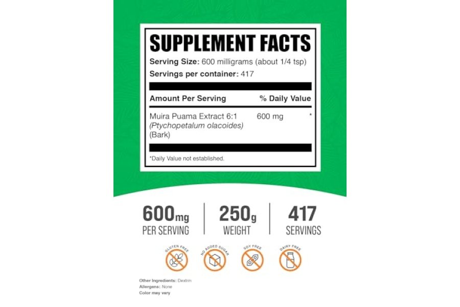 BulkSupplements.com Extracto de Muira Puama en polvo - Suplemento de Muira Puama, de corteza de Muira Puama - Suplemento de hierbas, sin gluten, 600 mg por porción, 250 g (8,8 oz) (paquete de 1) - Image 2