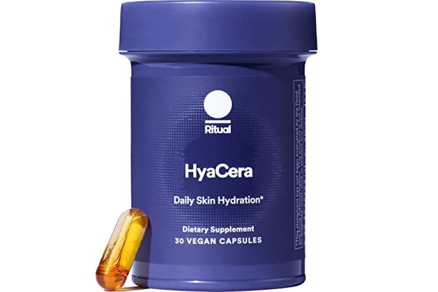 Suplemento para la piel Ritual HyaCera para combatir las arrugas, con Hyabest y Ceratiq para respaldar la hidratación de la piel, ácido hialurónico, glicolípidos, ceramidas, sin gluten, sin OGM, esencia de vainilla, suministro para 30 días