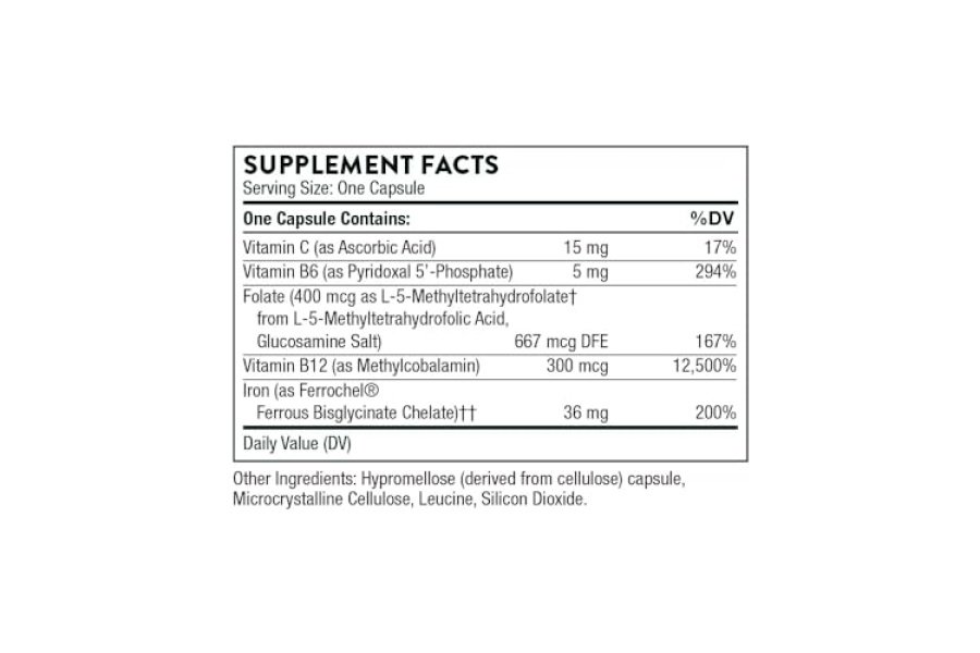 THORNE Ferrasorb - 36 mg de hierro con nutrientes esenciales - Fórmula completa de soporte sanguíneo - Hierro elemental, folato, vitaminas B y C para una absorción óptima - Sin gluten - 60 cápsulas - Image 2