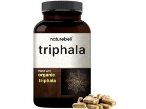 Suplemento de cápsulas NatureBell Triphala, 1500 mg por porción | Hecho con polvo de fruta orgánico Amla, Bibhitaki y Haritaki – Apoya la salud digestiva – Doble fuerza, sin OGM