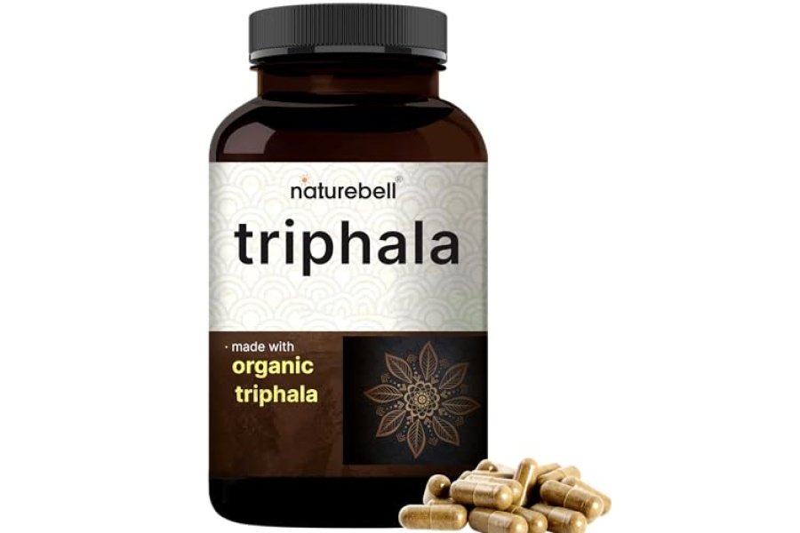 Suplemento de cápsulas NatureBell Triphala, 1500 mg por porción | Hecho con polvo de fruta orgánico Amla, Bibhitaki y Haritaki – Apoya la salud digestiva – Doble fuerza, sin OGM