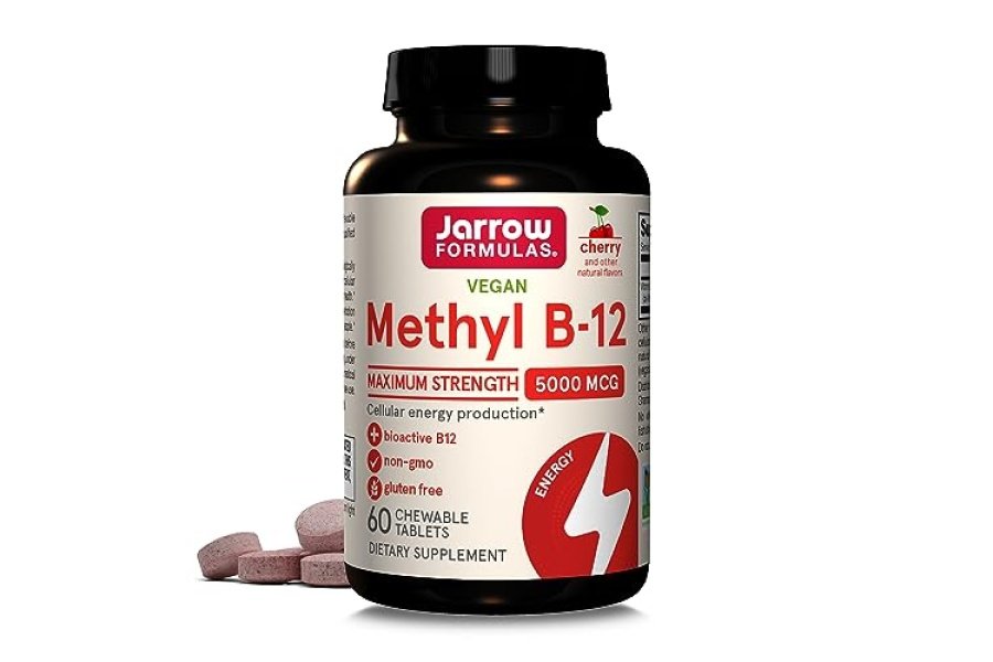 Jarrow Formulas Metil B-12 de máxima potencia 5000 mcg, suplemento dietético para la producción de energía celular y apoyo a la salud cerebral, 60 tabletas masticables con sabor a cereza, suministro para 60 días
