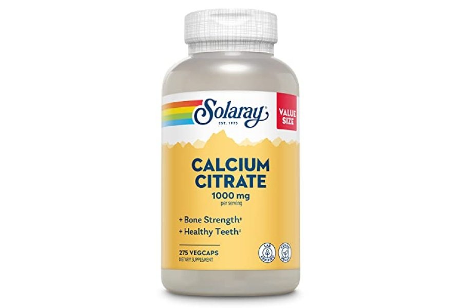 Citrato de calcio Solaray 1000 mg - Suplemento de calcio quelado - Apoya la fuerza ósea y los dientes sanos - Fácil de digerir - Garantía de 60 días, vegano - 68 porciones, 275 cápsulas vegetales
