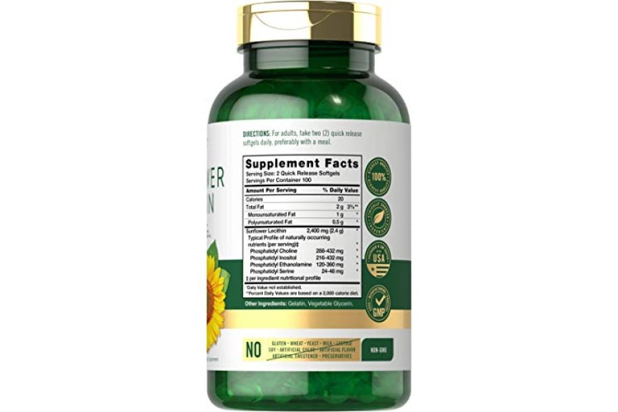 Cápsulas blandas de lecitina de girasol Carlyle | 2400 mg | 200 unidades | Rico en fosfatidilcolina | Suplemento sin OGM, sin soja y sin gluten - Image 2