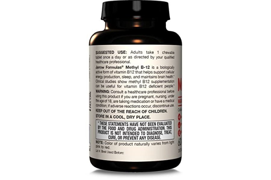 Jarrow Formulas Metil B-12 de máxima potencia 5000 mcg, suplemento dietético para la producción de energía celular y apoyo a la salud cerebral, 60 tabletas masticables con sabor a cereza, suministro para 60 días - Image 10