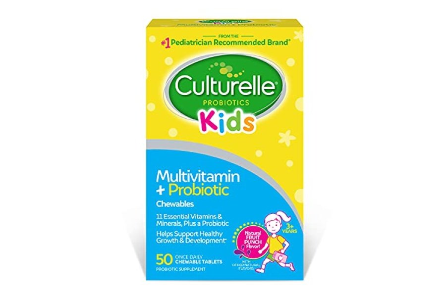 Culturelle Kids Multivitamina masticable completa + probiótico para niños, mayores de 3 años, 50 unidades, salud digestiva, salud bucal y apoyo inmunológico, con 11 vitaminas y minerales, incluyendo vitamina C, D3 y zinc