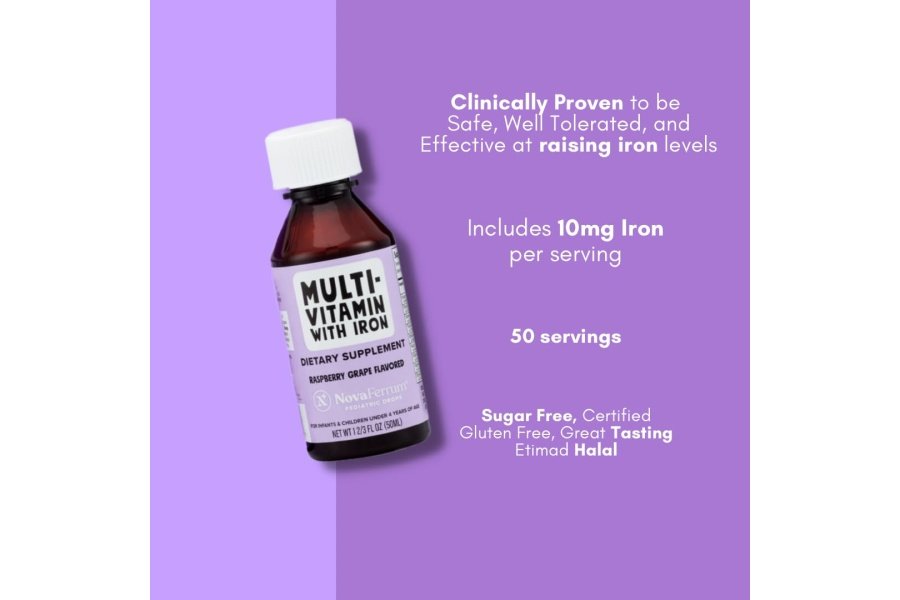 NovaFerrum Yum | Multivitamínico con hierro para bebés, niños pequeños y niños | Apoyo inmunológico | Edades 4 y menores | Certificado sin gluten | Sin azúcar | Uva frambuesa | 50 porciones - Image 4