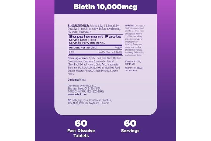 Natrol Beauty Biotina 10000 mcg, suplemento dietético para cabello, piel, uñas y metabolismo energético saludables, 60 tabletas de disolución rápida con sabor a fresa, suministro para 60 días - Image 5