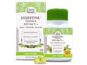 GuruNanda Digestiva Triphala (240 tabletas), apoya la digestión, ayuda con la hinchazón y el estreñimiento, suplemento dietético con Amla, Haritaki y Bibhitaki