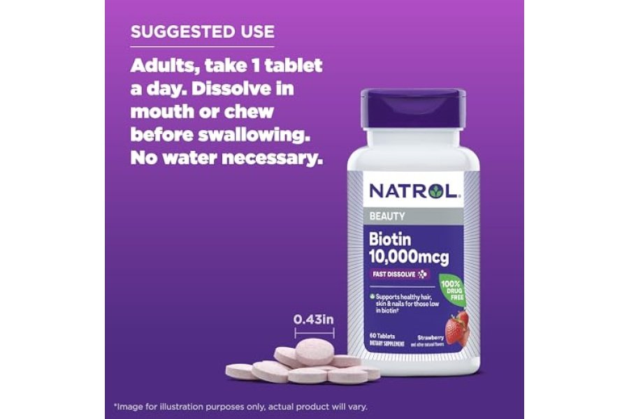Natrol Beauty Biotina 10000 mcg, suplemento dietético para cabello, piel, uñas y metabolismo energético saludables, 60 tabletas de disolución rápida con sabor a fresa, suministro para 60 días - Image 6