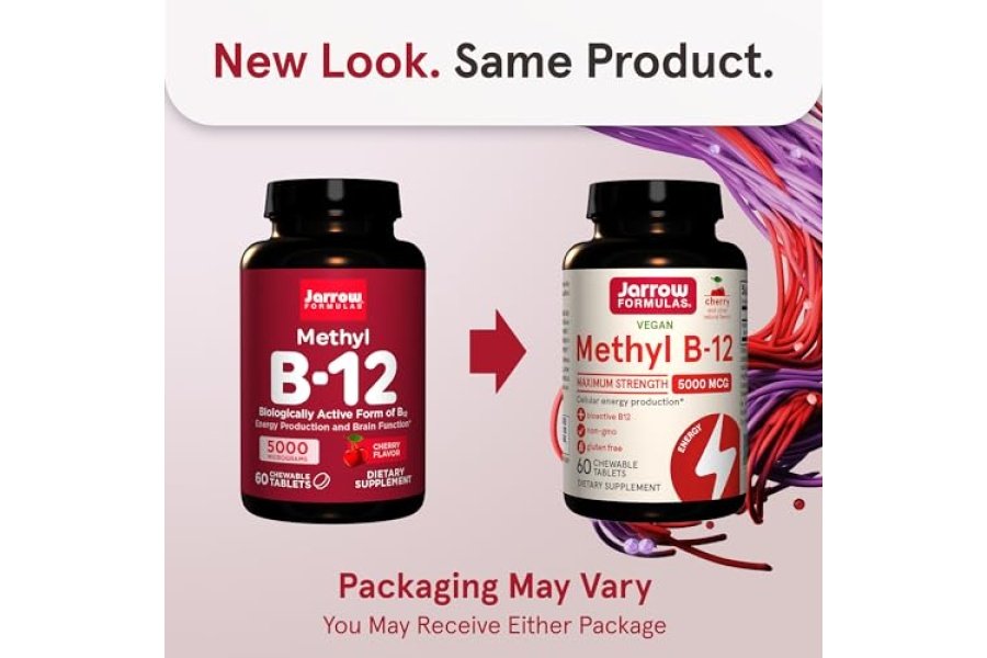Jarrow Formulas Metil B-12 de máxima potencia 5000 mcg, suplemento dietético para la producción de energía celular y apoyo a la salud cerebral, 60 tabletas masticables con sabor a cereza, suministro para 60 días - Image 2