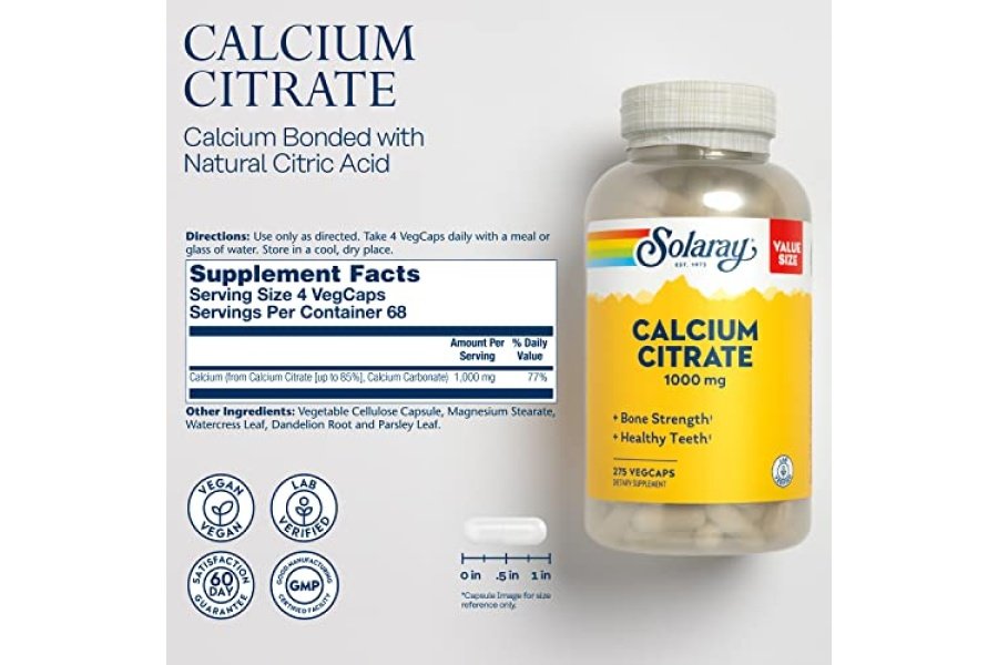 Citrato de calcio Solaray 1000 mg - Suplemento de calcio quelado - Apoya la fuerza ósea y los dientes sanos - Fácil de digerir - Garantía de 60 días, vegano - 68 porciones, 275 cápsulas vegetales - Image 2