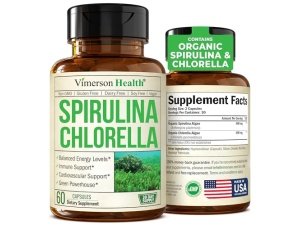 Cápsulas de Espirulina y Clorella Orgánicas | Cápsulas de espirulina con clorella en polvo para apoyo inmunológico, antioxidante y energético. Súper verdes nutritivos. Vegano. Sin OGM. 60 Cápsulas de Espirulina Clorella