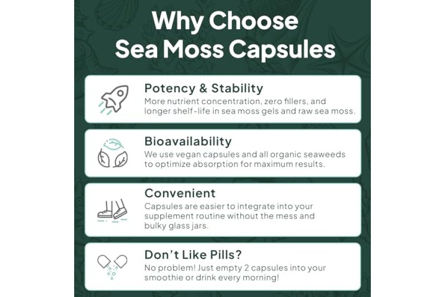 Organics Ocean Wild Sea Moss Cápsulas - Musgo marino irlandés 100% orgánico con clorella orgánica, fucus y vitamina D para energía, salud pulmonar y apoyo tiroideo para mujeres y hombres - 60 cápsulas - Image 6