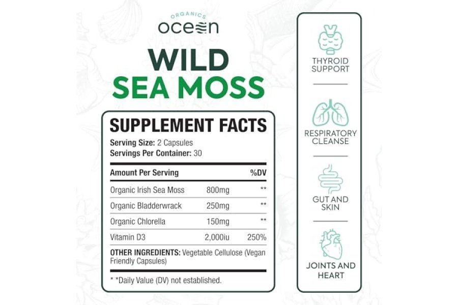Organics Ocean Wild Sea Moss Cápsulas - Musgo marino irlandés 100% orgánico con clorella orgánica, fucus y vitamina D para energía, salud pulmonar y apoyo tiroideo para mujeres y hombres - 60 cápsulas - Image 2