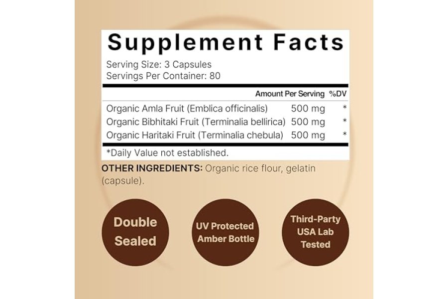 Suplemento de cápsulas NatureBell Triphala, 1500 mg por porción | Hecho con polvo de fruta orgánico Amla, Bibhitaki y Haritaki – Apoya la salud digestiva – Doble fuerza, sin OGM - Image 2