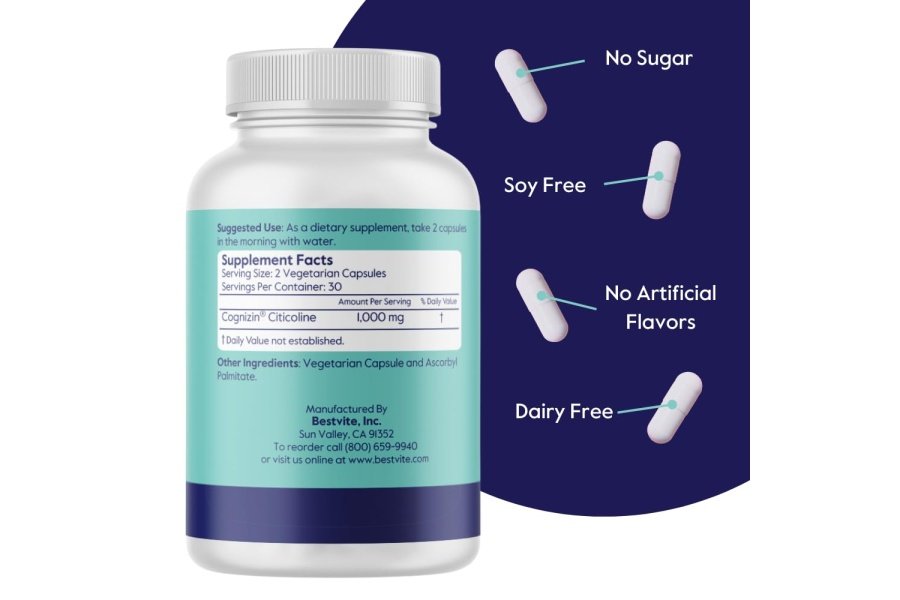 BESTVITE Cognizin Citicolina 500 mg (60 cápsulas vegetarianas) - Forma clínicamente estudiada de citicolina - Sin estearatos - Vegano - Sin OGM - Sin gluten - Suplementos cerebrales para la memoria y el enfoque - Image 2