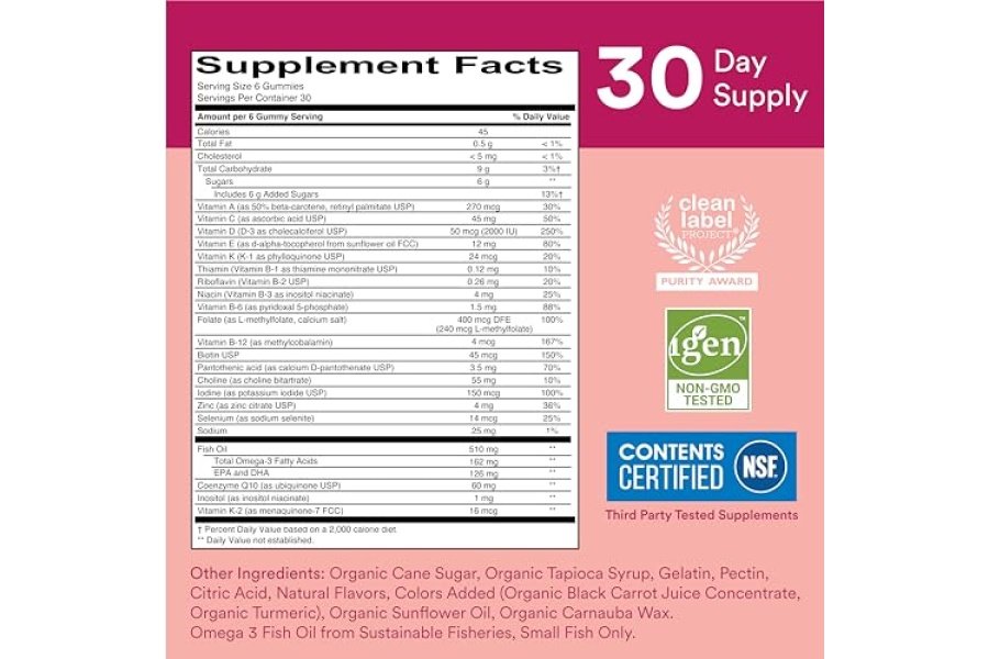Gomitas multivitamínicas para mujeres SmartyPants: aceite de pescado Omega 3 (EPA/DHA), metilfolato, CoQ10, vitamina D3, C, vitamina B12, B6, vitamina A, K y zinc, sin gluten, 180 unidades (suministro para 30 días) - Image 4