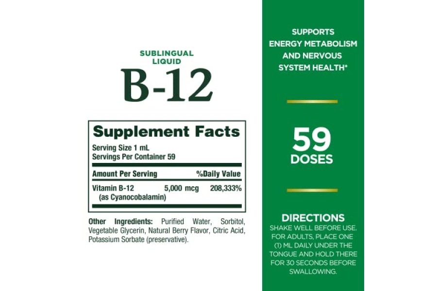 Nature's Bounty Vitamina B12 5000 Mcg Líquido sublingual, salud cardiovascular y apoyo de energía celular, 2 onzas líquidas (1 unidad) - Image 4