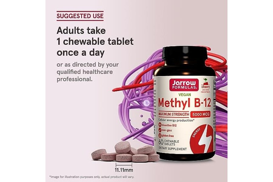 Jarrow Formulas Metil B-12 de máxima potencia 5000 mcg, suplemento dietético para la producción de energía celular y apoyo a la salud cerebral, 60 tabletas masticables con sabor a cereza, suministro para 60 días - Image 7
