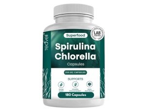 Cápsulas de espirulina y clorella orgánicas – 180 píldoras de clorofila, cápsulas de polvo de algas verdeazules para apoyar la desintoxicación, las mitocondrias y la energía – 3 veces más polvo de clorella espirulina por porción