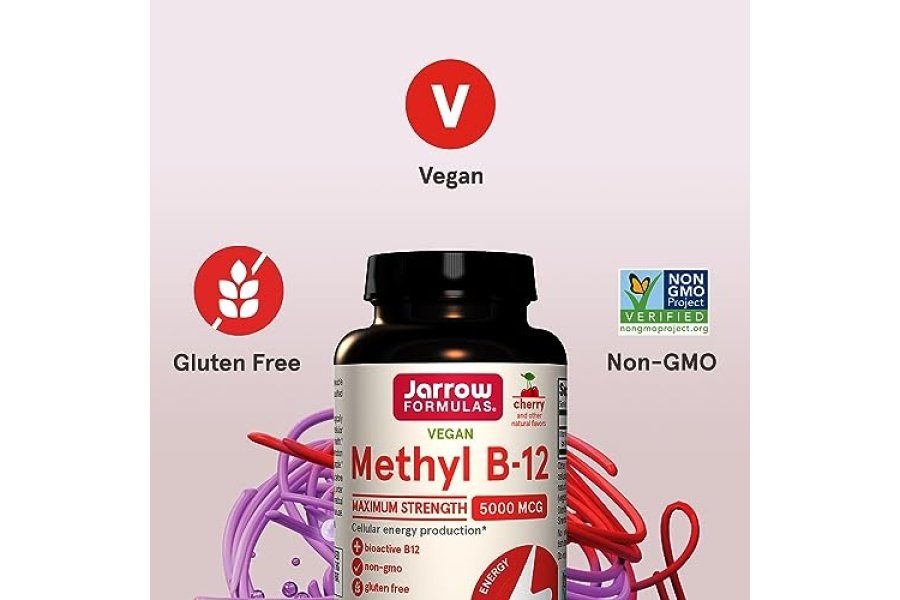 Jarrow Formulas Metil B-12 de máxima potencia 5000 mcg, suplemento dietético para la producción de energía celular y apoyo a la salud cerebral, 60 tabletas masticables con sabor a cereza, suministro para 60 días - Image 5