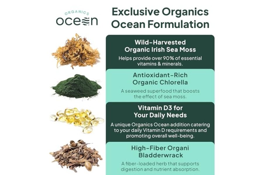 Organics Ocean Wild Sea Moss Cápsulas - Musgo marino irlandés 100% orgánico con clorella orgánica, fucus y vitamina D para energía, salud pulmonar y apoyo tiroideo para mujeres y hombres - 60 cápsulas - Image 5