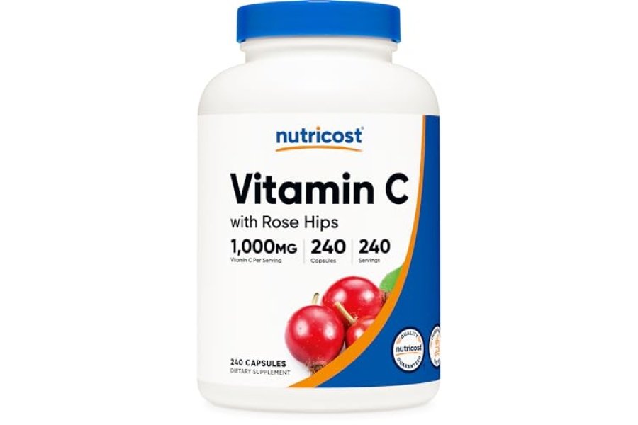 Nutricost Vitamina C con Escaramujo 1025 mg, 240 Cápsulas - Vitamina C 1000 mg, Escaramujo 25 mg, Premium, Sin OGM, Suplemento sin gluten