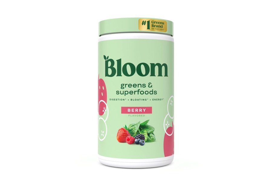 Bloom Nutrition Superfood Greens Powder, enzimas digestivas con probióticos y prebióticos, salud intestinal, alivio de la hinchazón para mujeres, clorella, mezcla de jugo verde con polvo de raíz de remolacha, 60 SVG, baya
