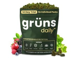 Gruns Daily Gummies, Super Greens Gummies - Espirulina y clorella orgánicas, prebióticos para la salud digestiva e intestinal - Superalimento verde, multivitaminas y minerales - 112 ositos de goma